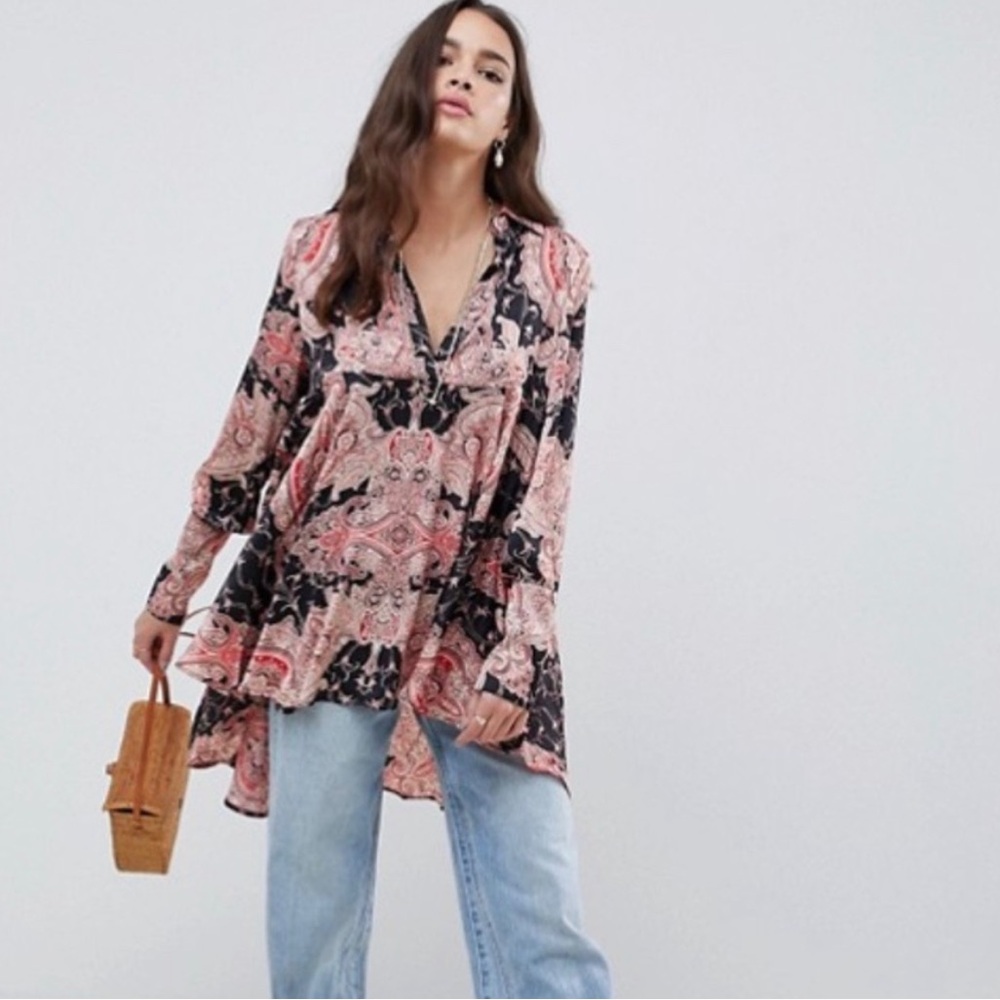Free People Field of Butterflies Paisley Silky Tunic